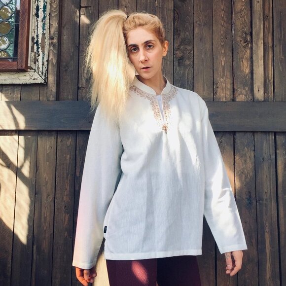 White Linen Indian Tunic || Unisex Linen Top - Picture 2 of 9